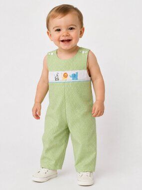 Classic Whimsy 24M Baby Gingham Jumper Animal Embroidered Green Outfit